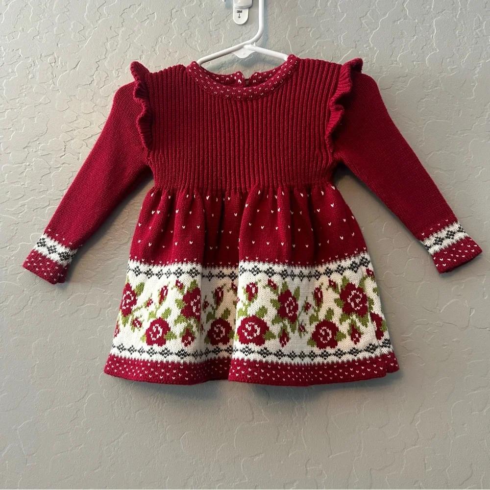 Max Studio baby red floral sweater dress, tight and hat matching set size 0-3 mo